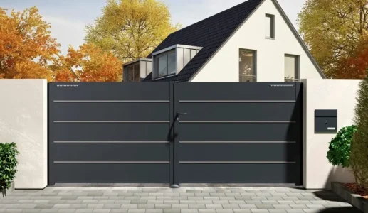 Portail aluminium contemporain, modèle Essentiel, avec liserés déco