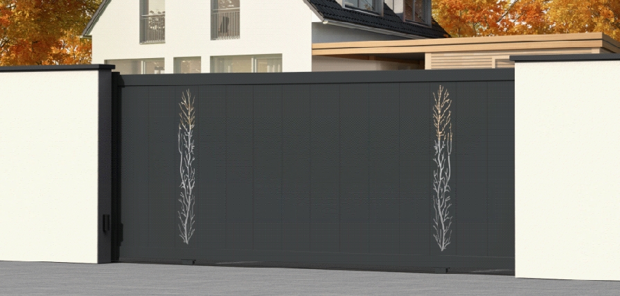 Portail alu contemporain à lames verticales avec 2 lames décoratives motif Arborescence