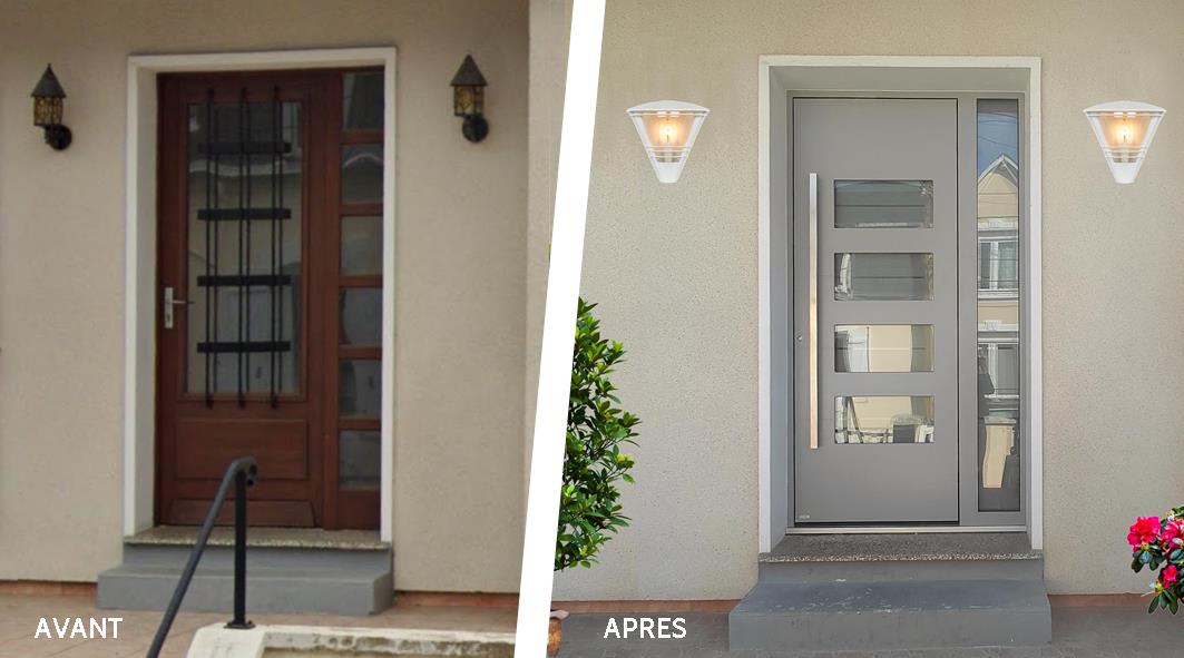 vision avant et après sur cette porte d'entrée moderne au Mans, Sarthe